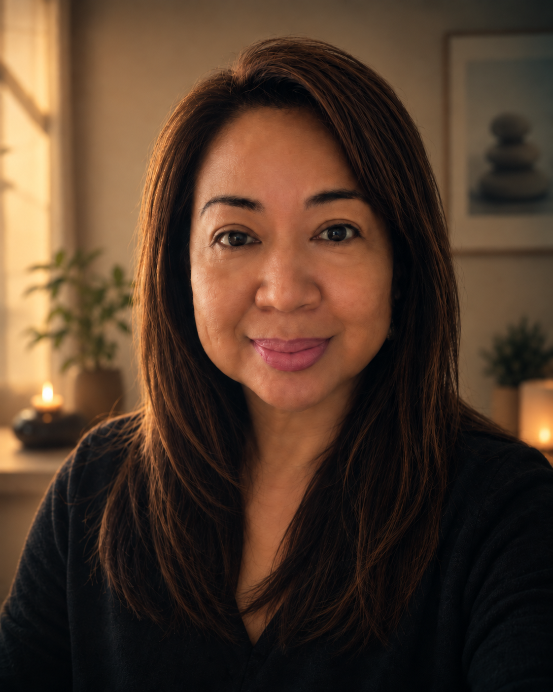 Sophia, meditation teacher, in a calm sunlit room
