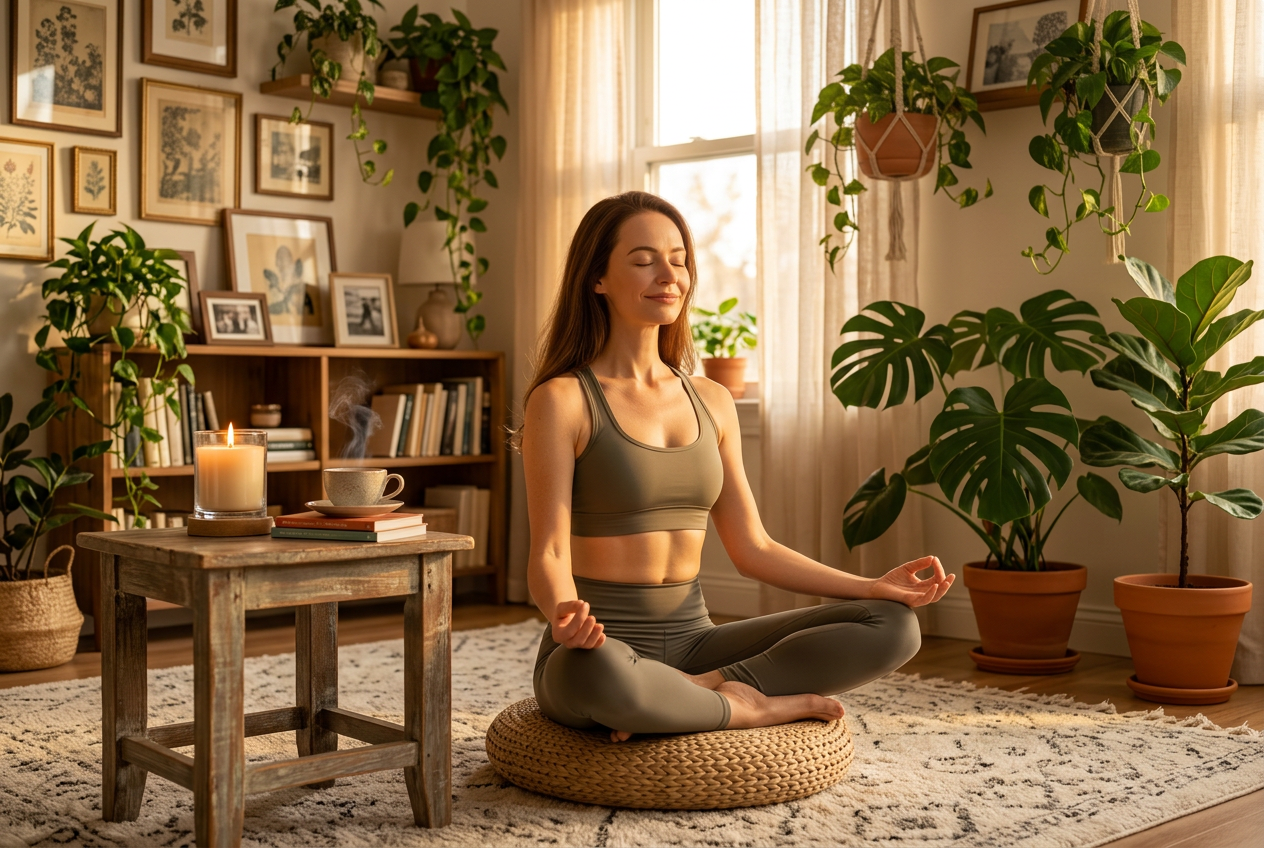 A woman meditating at home surrounded by houseplants in a warm, sunlit living room