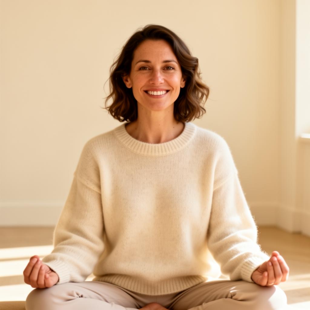 Sophia, meditation coach, in a sunlit cream interior